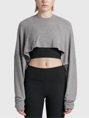 Joah Brown Top Slouchy Crop Pullover Rib Knit Sweater Long Sleeve Gray One Size